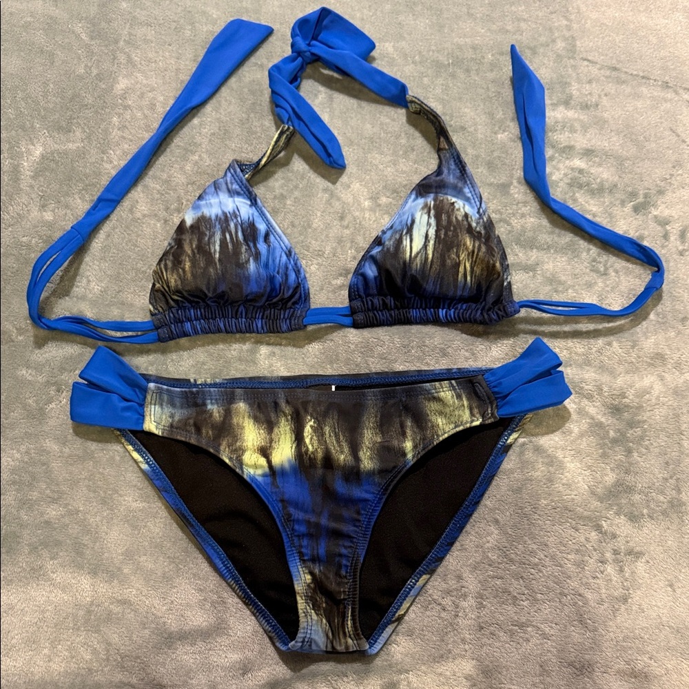 Hurley Blue Tie-Dye Halter Bikini Set with Yellow/ Black Tie-Dye Accents, M